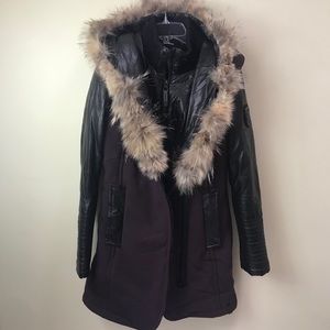 Rudsak Grace Parka Puffer Leather Coat Jacket Down Goose Hood Fur Parka Wine S